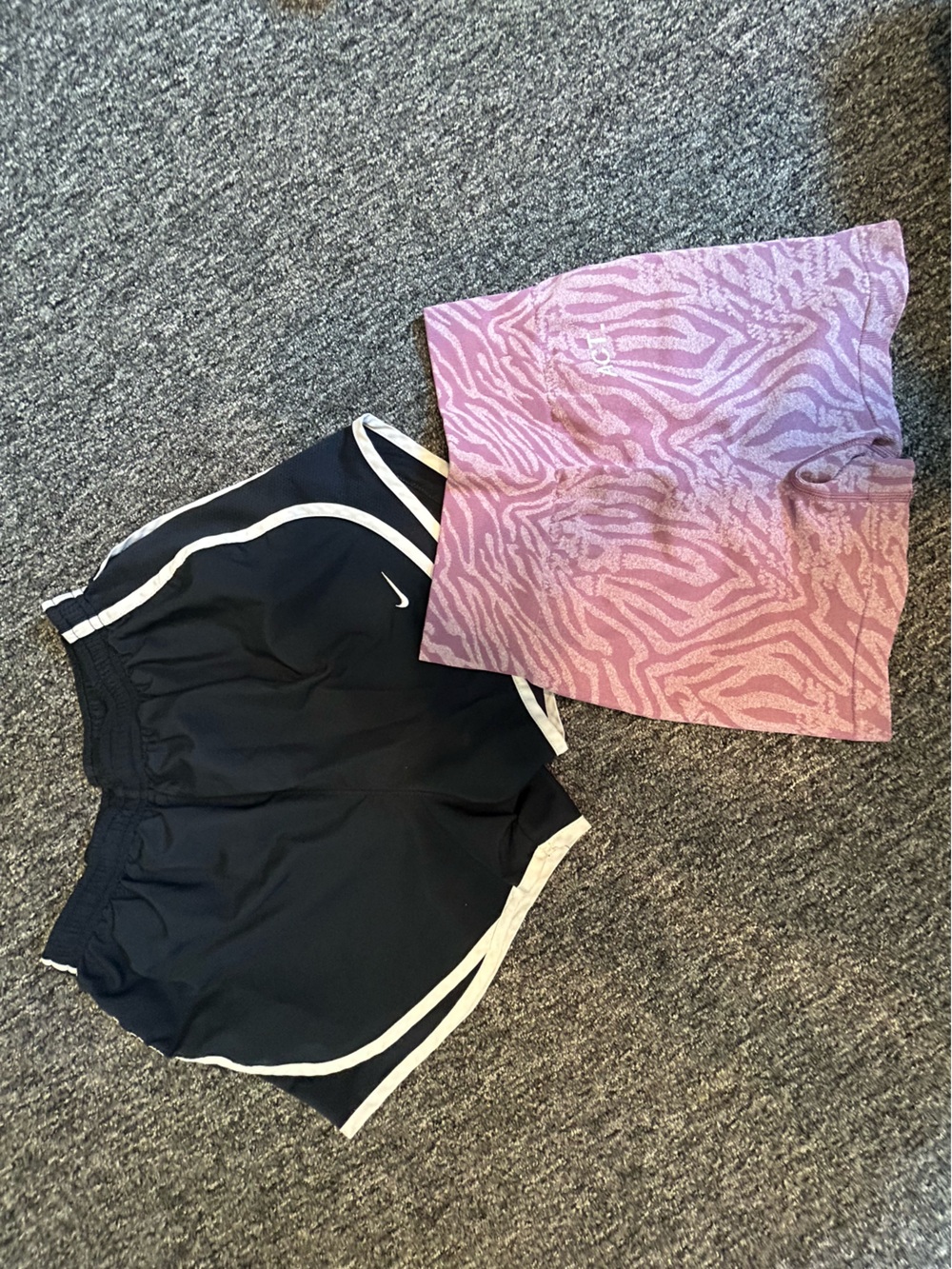 BUNDLE Nike Black Athletic Shorts w/ White Trim & pink zebra compression shorts